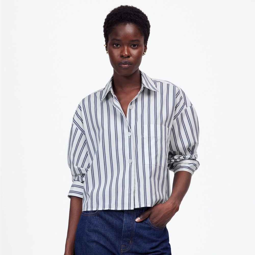 NWT Madewell Straight Hem Shirt in Poplin Navy Stripe XXS Oversized Crop NU652